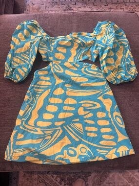 Alexis Teal and Yellow Abstract Print Puff-Sleeve Mini Dress
